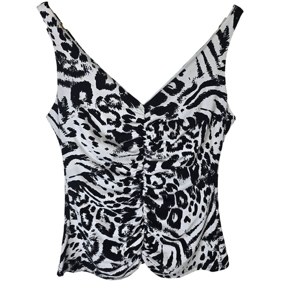 Cache Black White Animal Print Sequin Ruched Sleeveless Tank Top Women's Size L - Picture 1 of 5